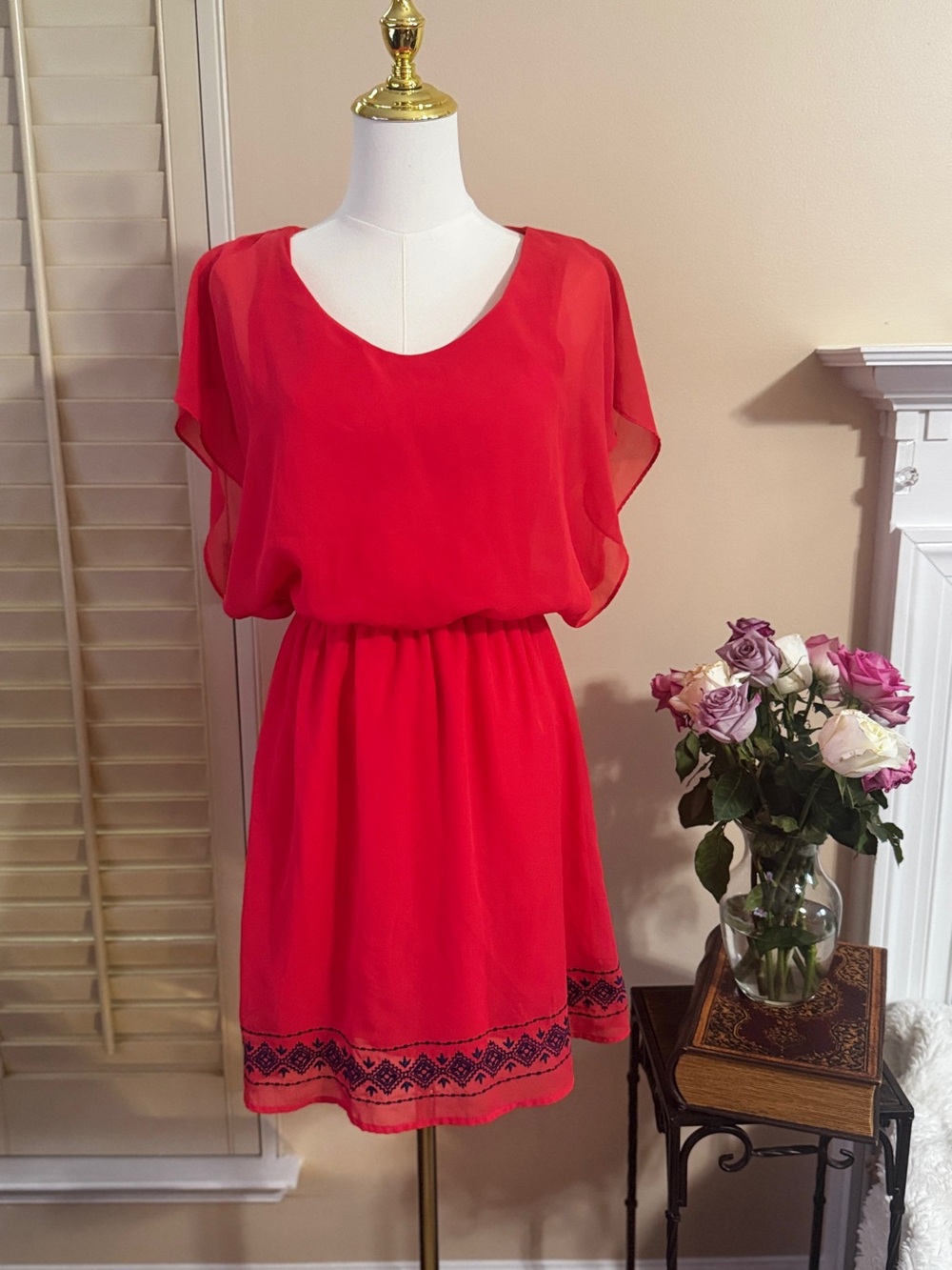 Charming Charlies Women’s Red V-Neck Embroidered Hem Dress